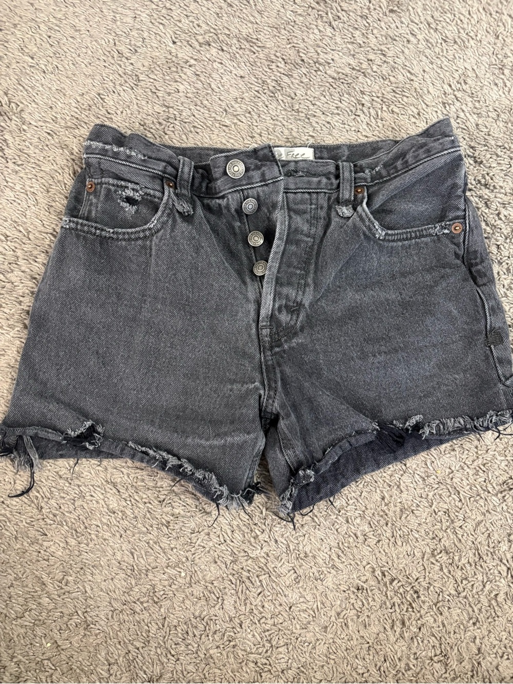 Free People Washed Black Distressed Button-Fly Denim Shorts